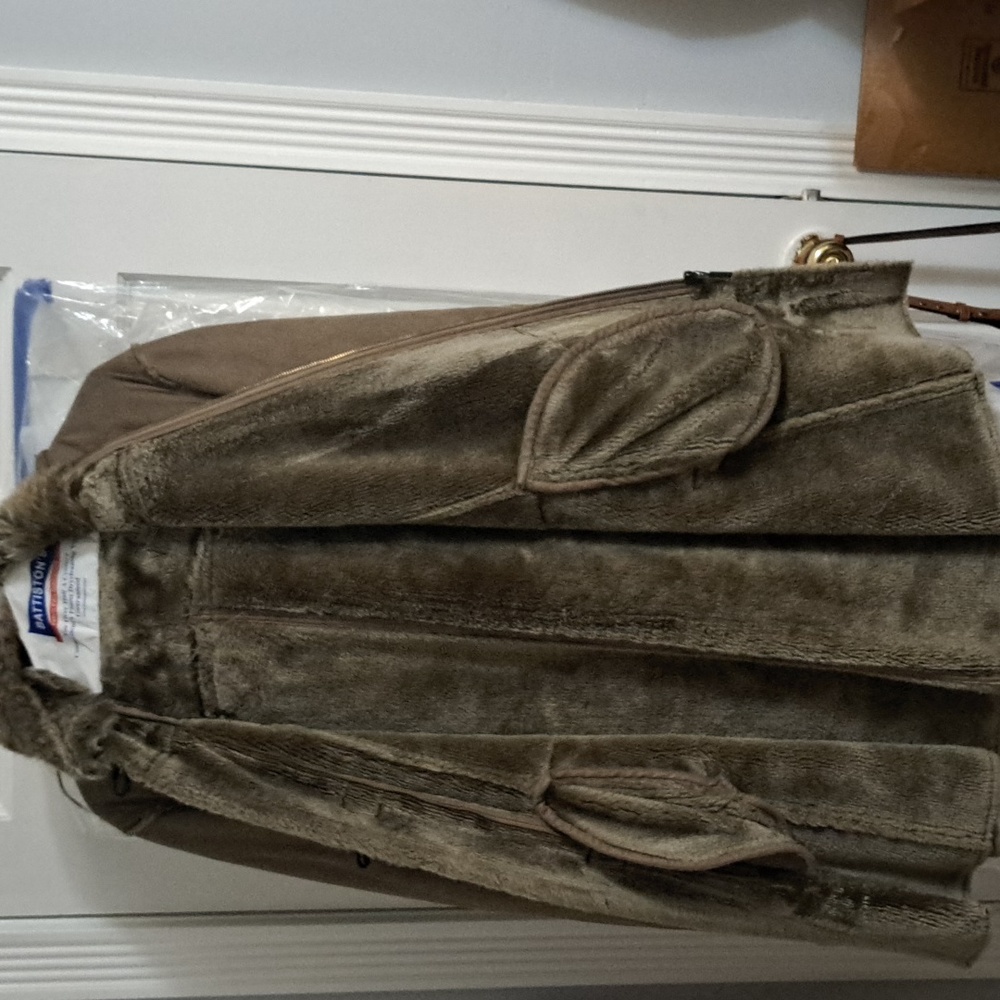 Winter olive green faux suede, faux fur coat. Hood and inside lined w/ faux fur